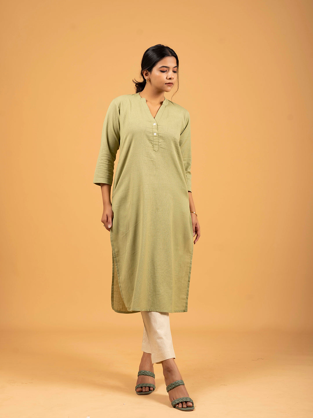 Pista Green Straight Plain Cotton Kurti