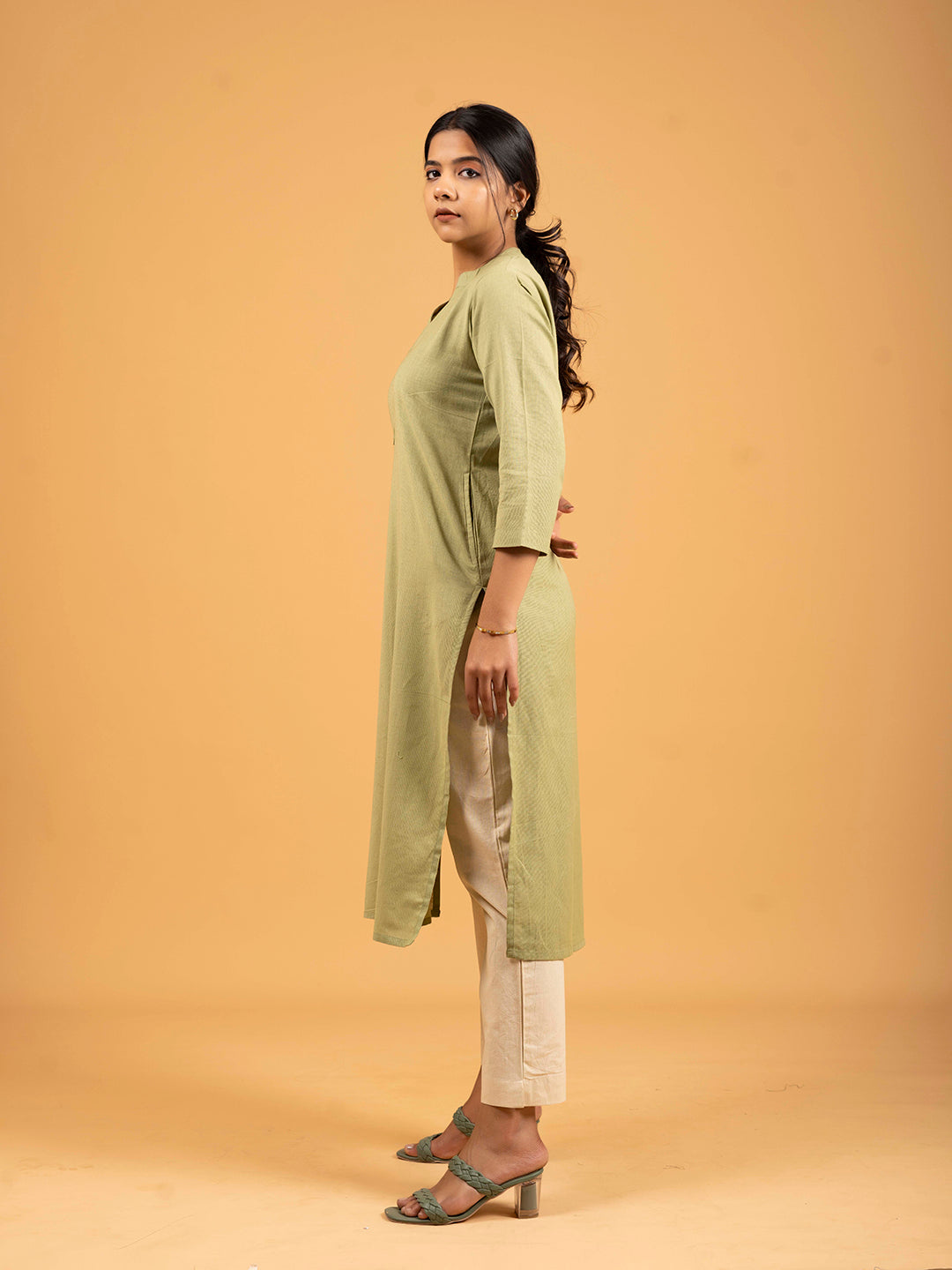 Pista Green Straight Plain Cotton Kurti