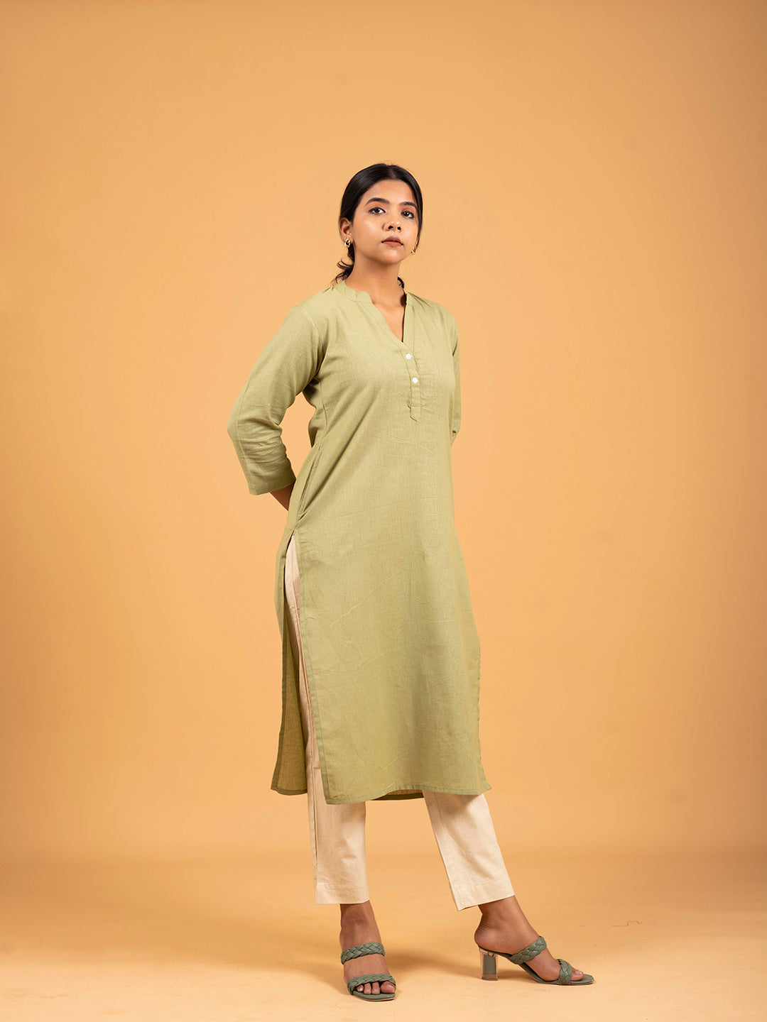 Pista Green Straight Plain Cotton Kurti