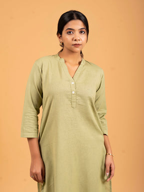 Pista Green Straight Plain Cotton Kurti