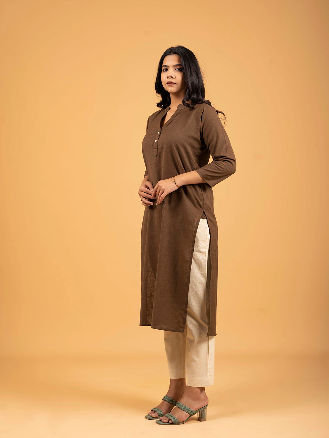 Brown Straight Plain Cotton Kurti