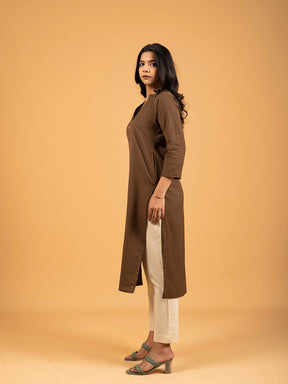 Brown Straight Plain Cotton Kurti