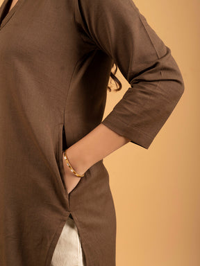 Brown Straight Plain Cotton Kurti