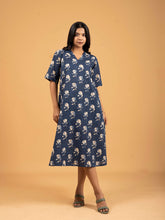 Blue Printed Half-Sleeve A-Line Cotton Dress