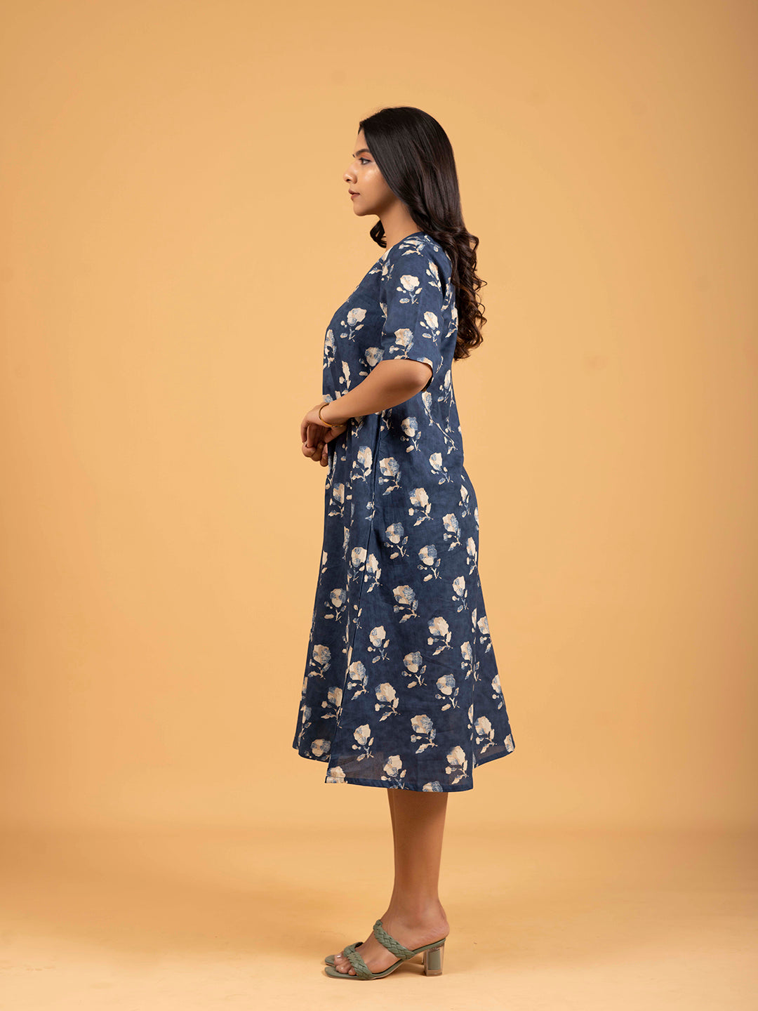 Blue Printed Half-Sleeve A-Line Cotton Dress