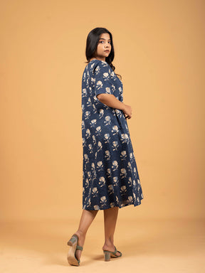 Blue Printed Half-Sleeve A-Line Cotton Dress