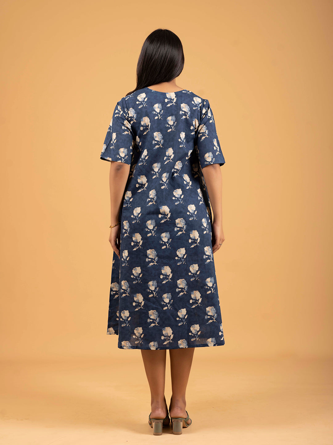 Blue Printed Half-Sleeve A-Line Cotton Dress