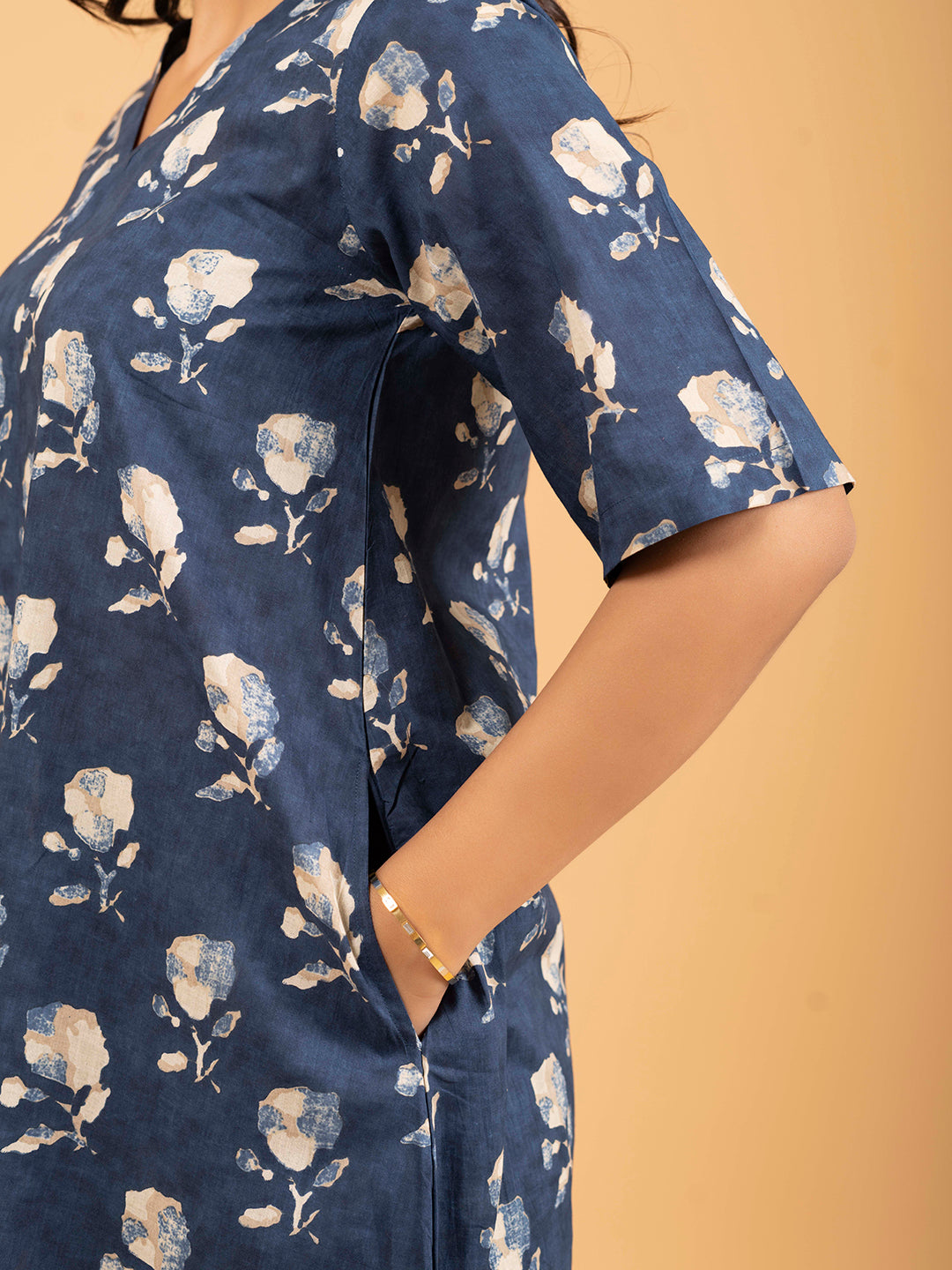 Blue Printed Half-Sleeve A-Line Cotton Dress