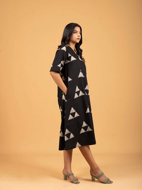 Black Printed Half-Sleeve A-Line Cotton Dress