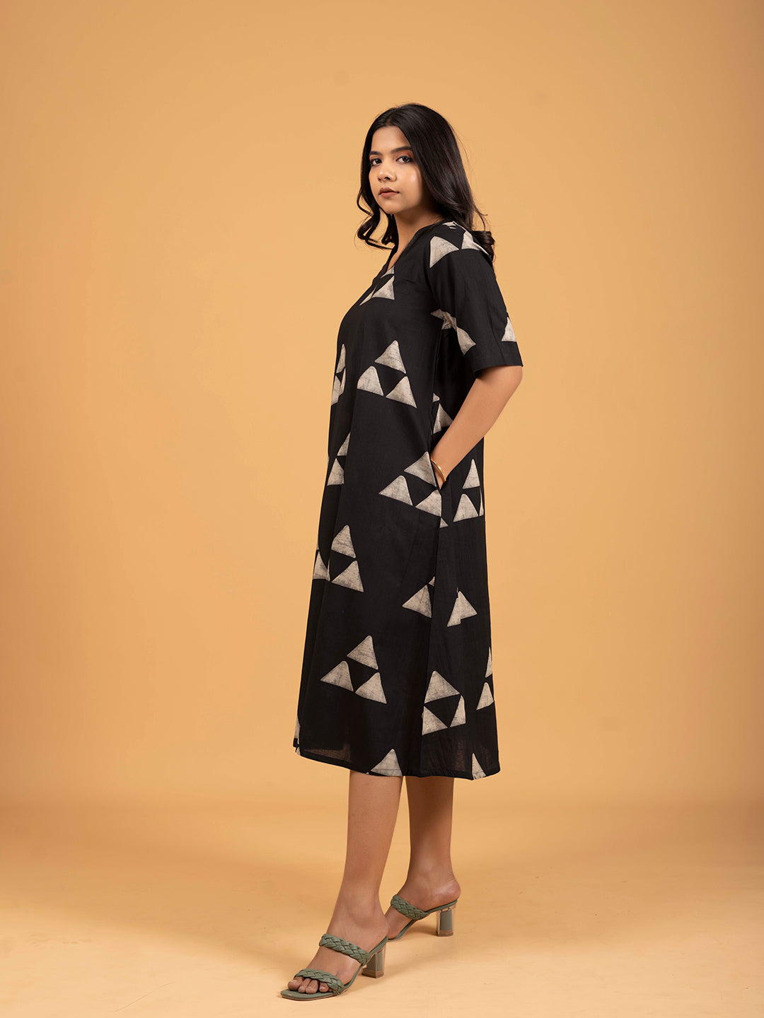 Black Printed Half-Sleeve A-Line Cotton Dress