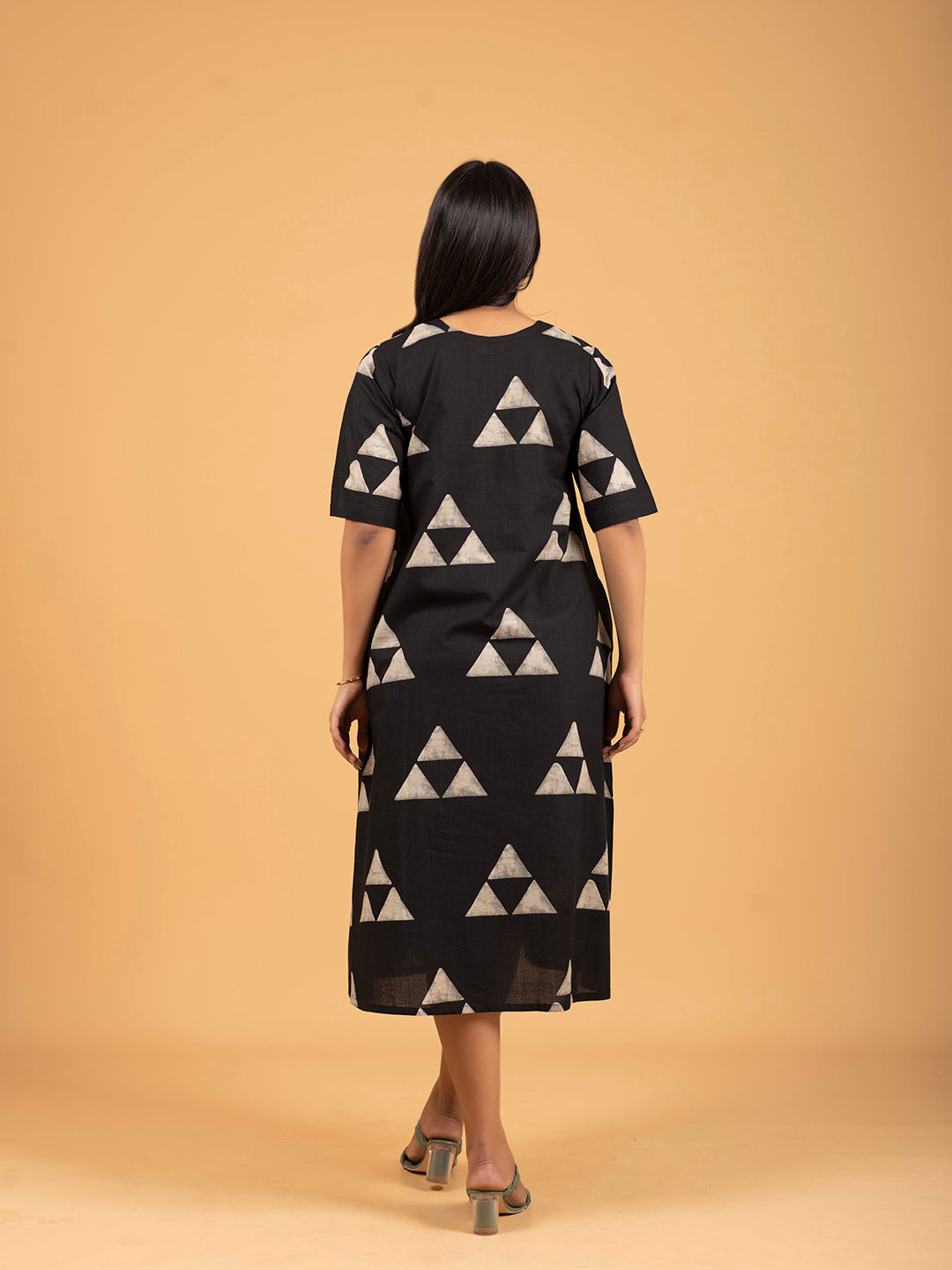 Black Printed Half-Sleeve A-Line Cotton Dress