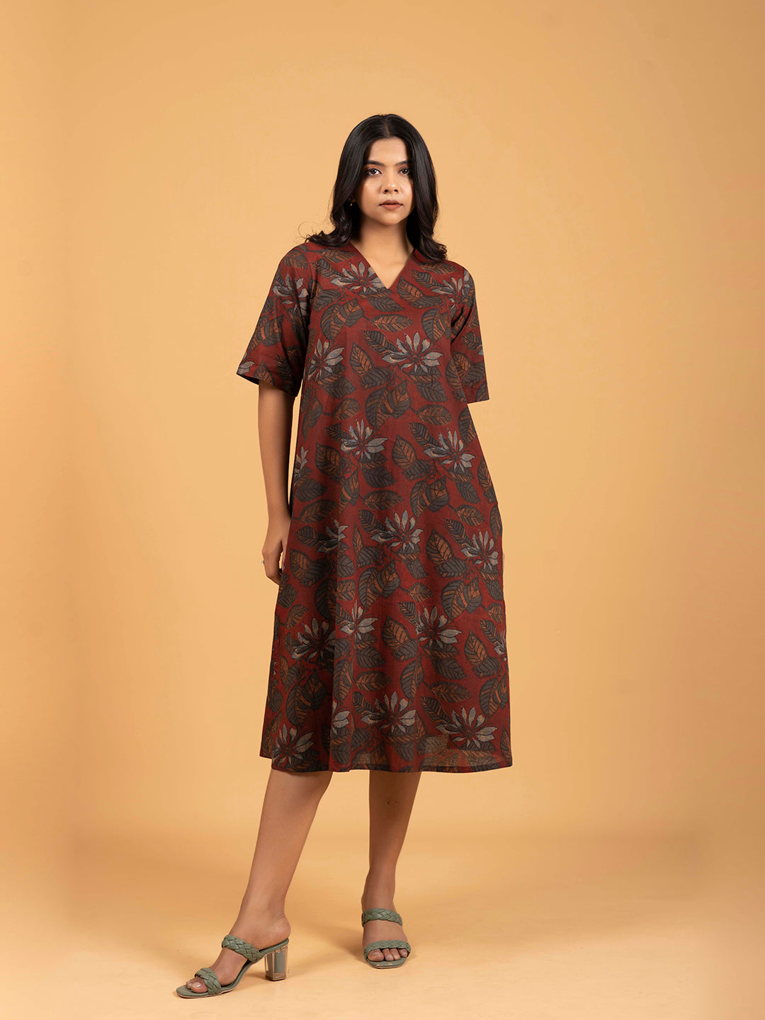 Maroon Printed Half-Sleeve A-Line Cotton Dress