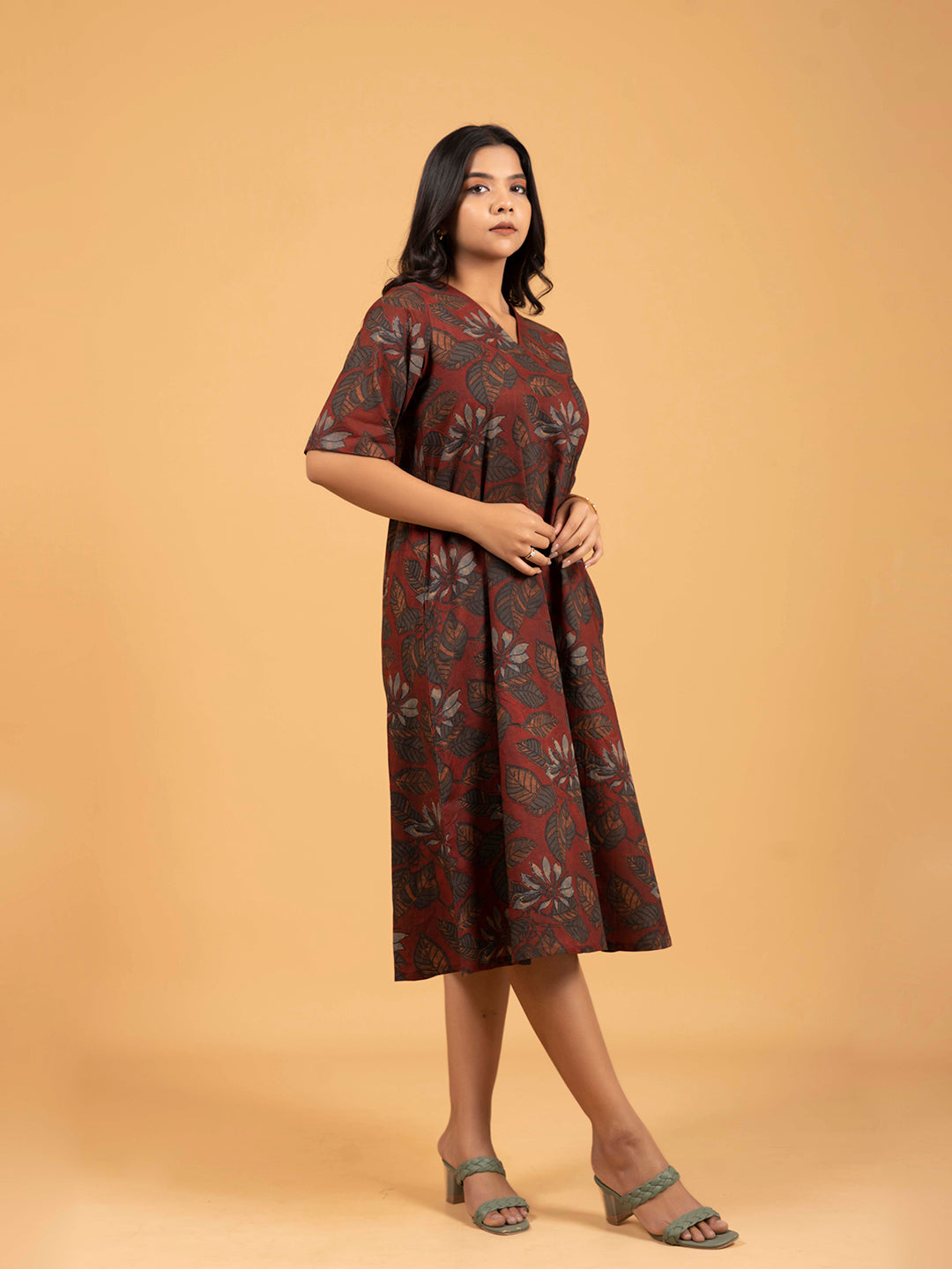 Maroon Printed Half-Sleeve A-Line Cotton Dress