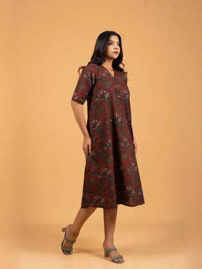 Maroon Printed Half-Sleeve A-Line Cotton Dress