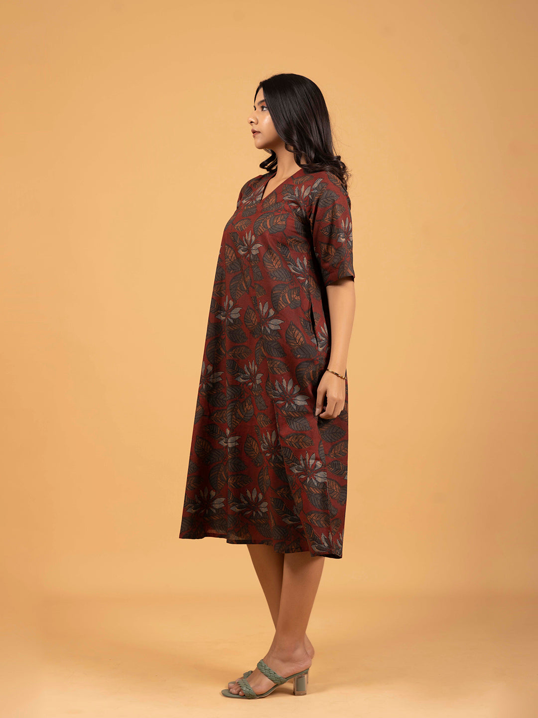 Maroon Printed Half-Sleeve A-Line Cotton Dress