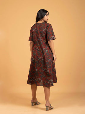 Maroon Printed Half-Sleeve A-Line Cotton Dress