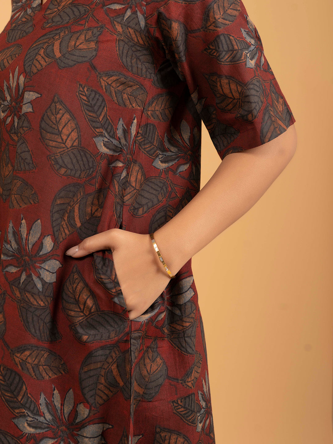 Maroon Printed Half-Sleeve A-Line Cotton Dress