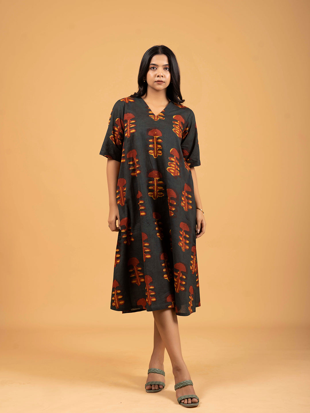 Dark Green Printed Half-Sleeve A-Line Cotton Dress