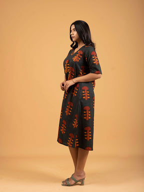 Dark Green Printed Half-Sleeve A-Line Cotton Dress