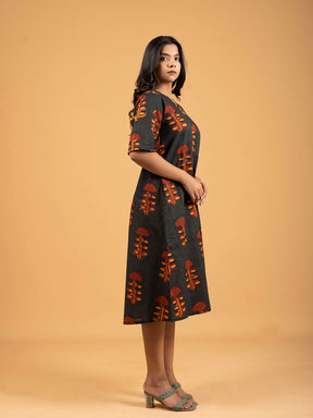 Dark Green Printed Half-Sleeve A-Line Cotton Dress