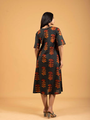 Dark Green Printed Half-Sleeve A-Line Cotton Dress