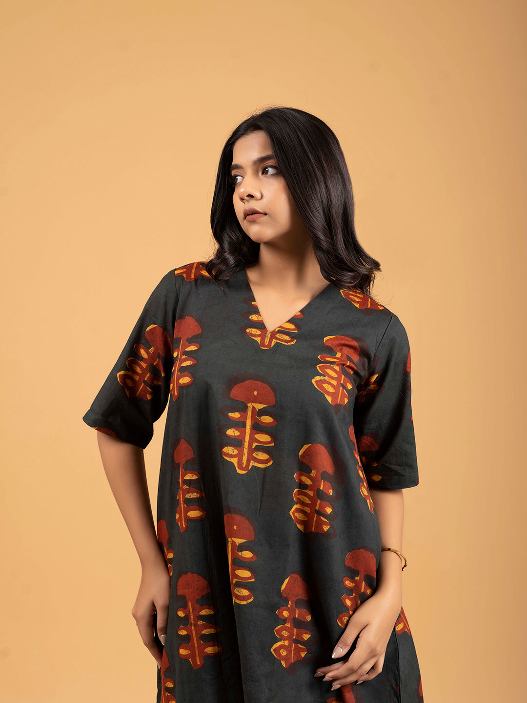 Dark Green Printed Half-Sleeve A-Line Cotton Dress