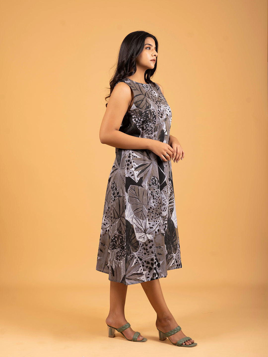 Grey Printed Sleeveless A-Line Cotton Dress