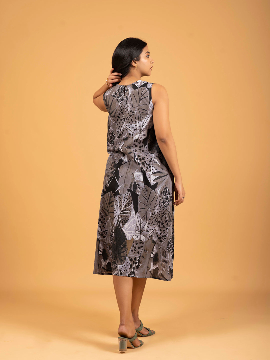 Grey Printed Sleeveless A-Line Cotton Dress