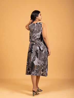 Grey Printed Sleeveless A-Line Cotton Dress