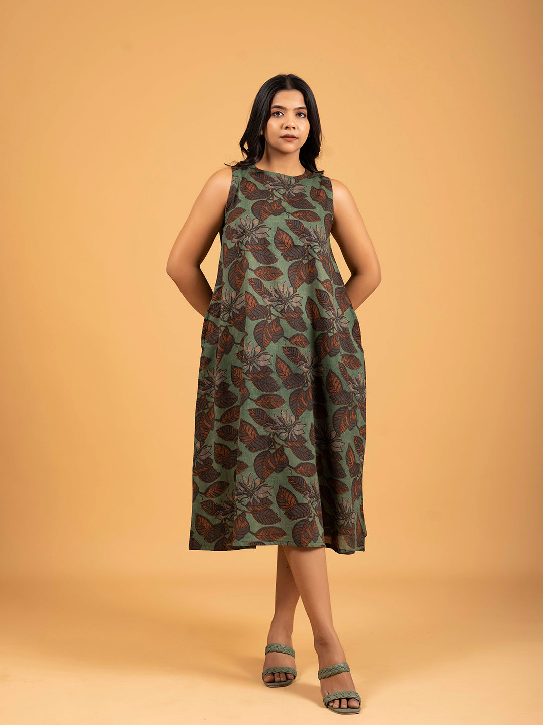 Green Printed Sleeveless A-Line Cotton Dress