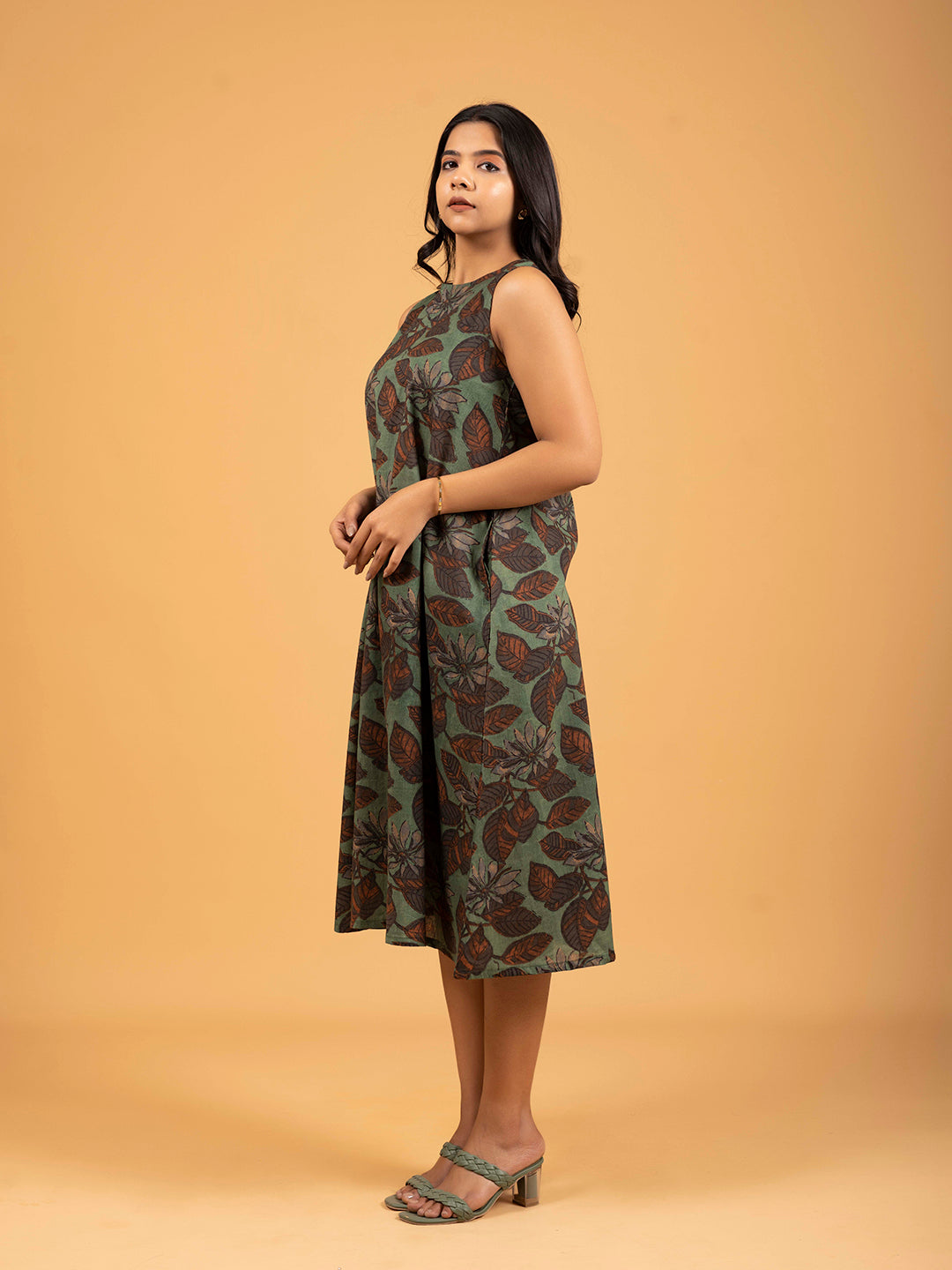 Green Printed Sleeveless A-Line Cotton Dress