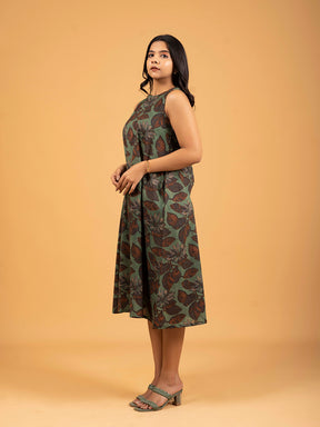 Green Printed Sleeveless A-Line Cotton Dress