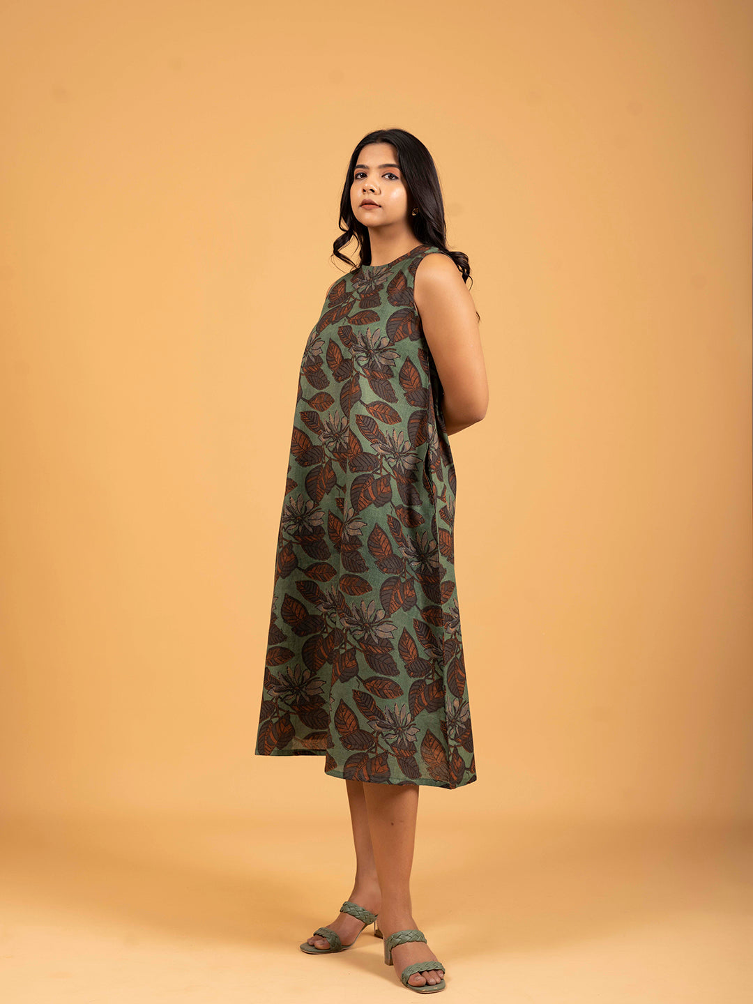 Green Printed Sleeveless A-Line Cotton Dress