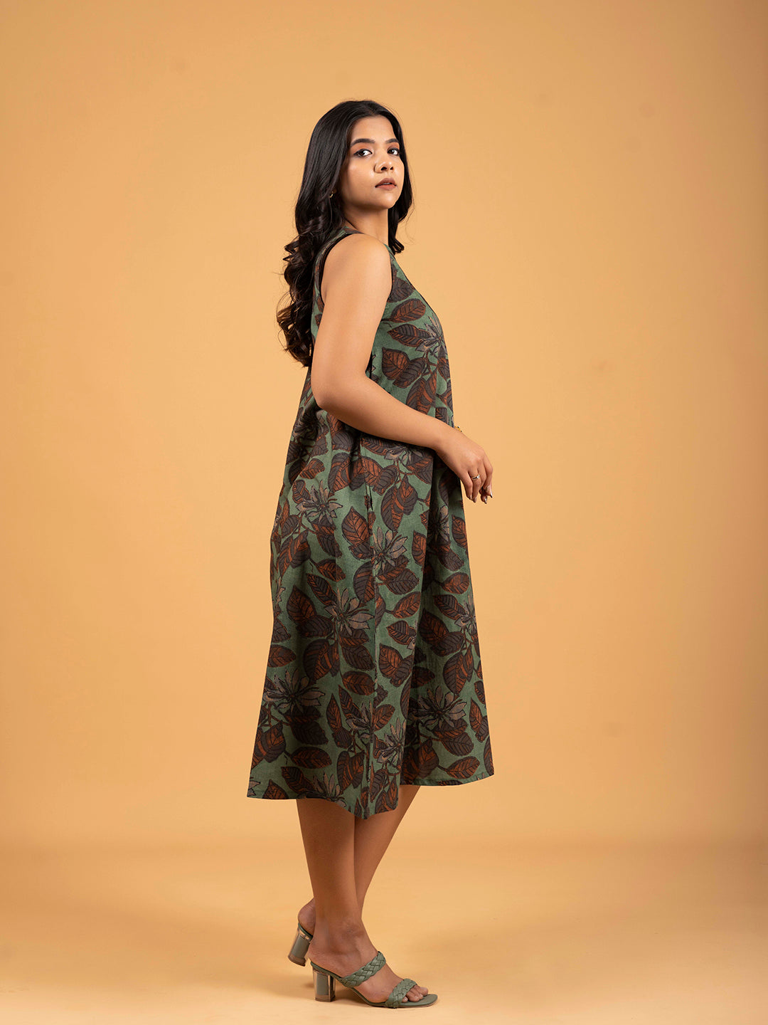 Green Printed Sleeveless A-Line Cotton Dress