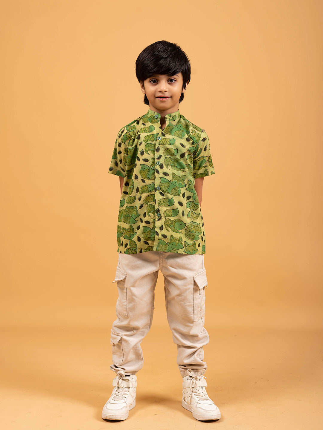 Kids Green Printed Cotton Shirt