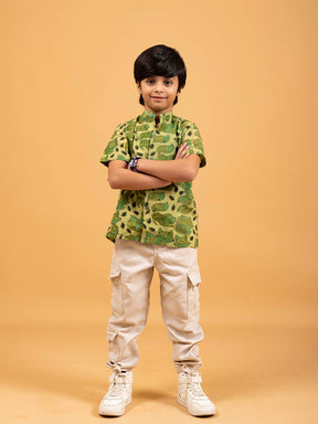 Kids Green Printed Cotton Shirt