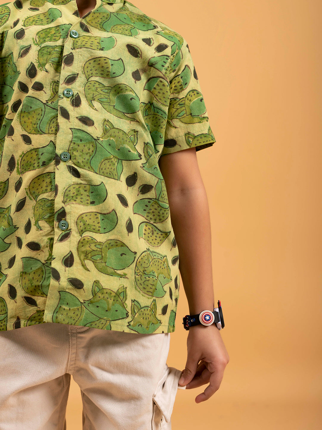 Kids Green Printed Cotton Shirt