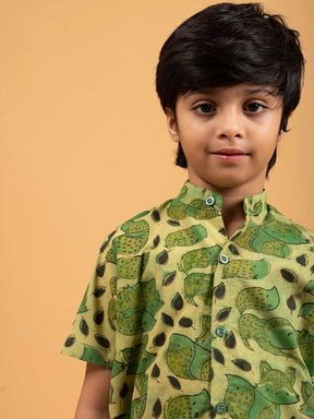 Kids Green Printed Cotton Shirt