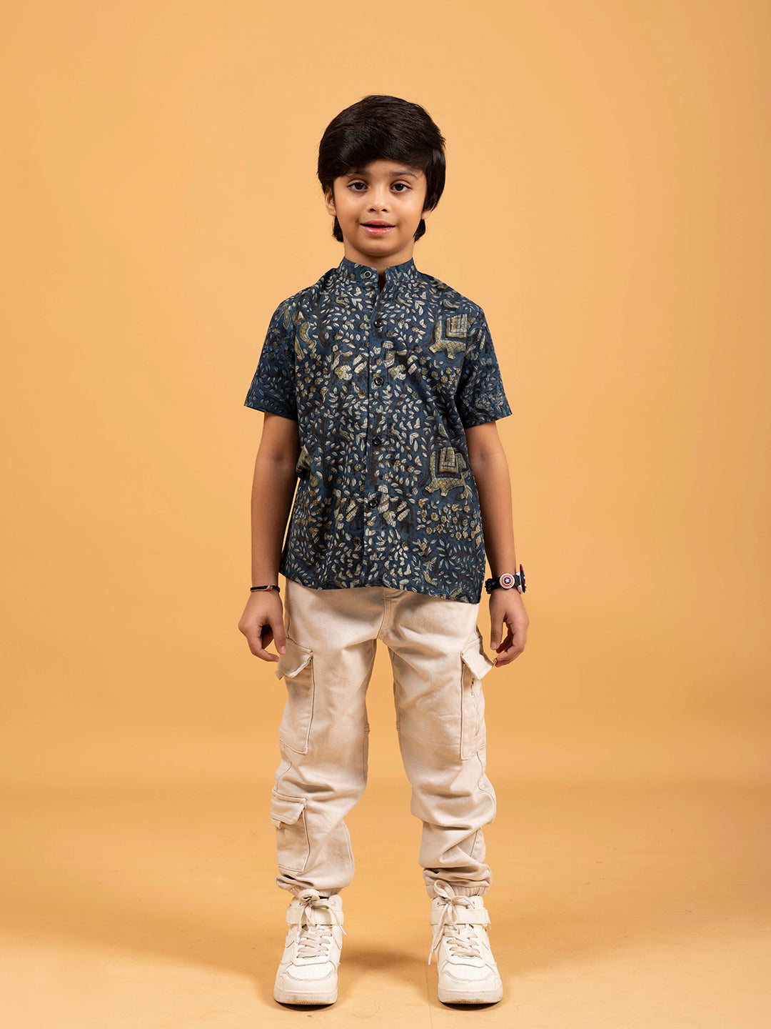 Kids Dark Blue Printed Cotton Shirt