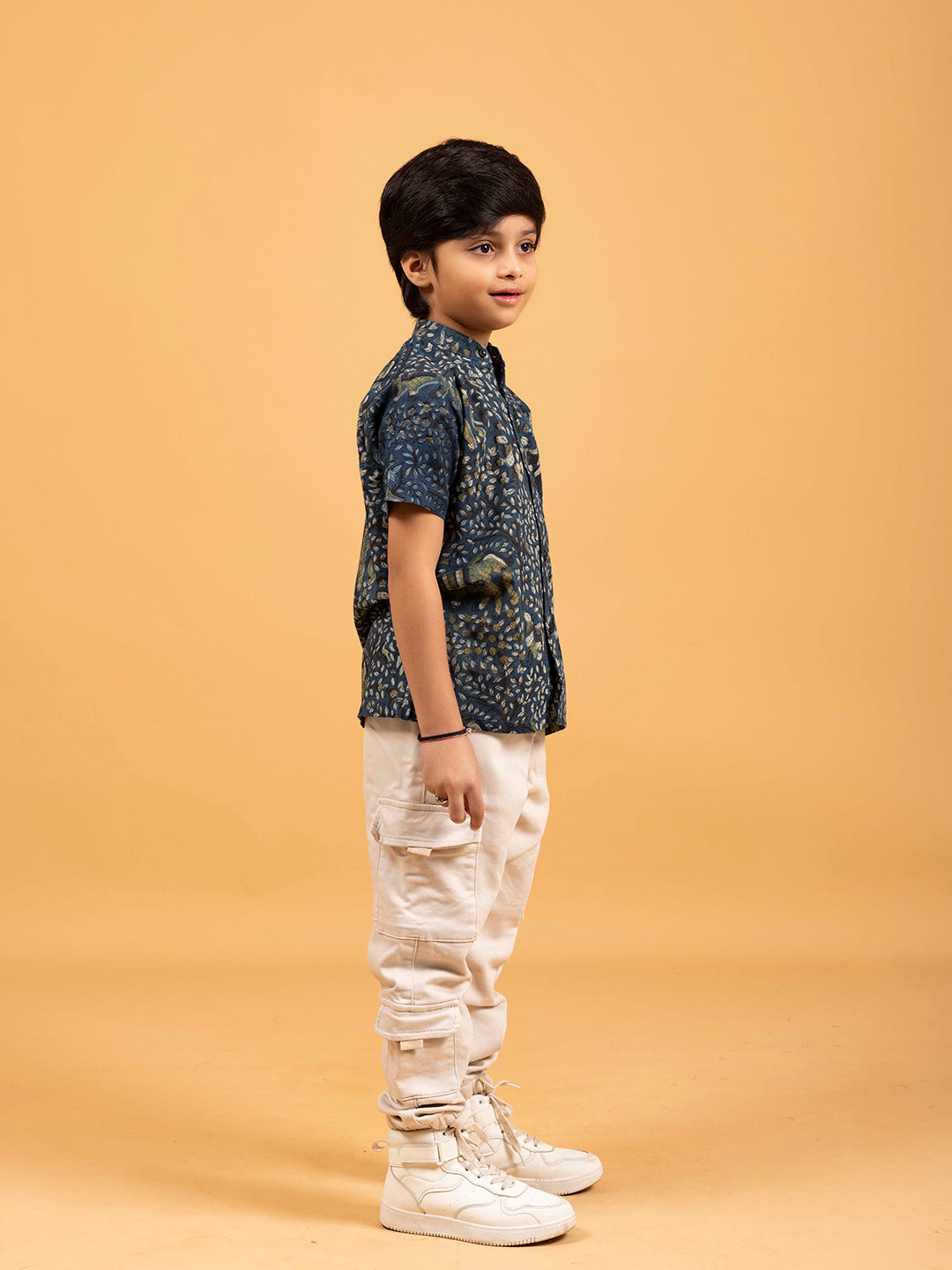 Kids Dark Blue Printed Cotton Shirt