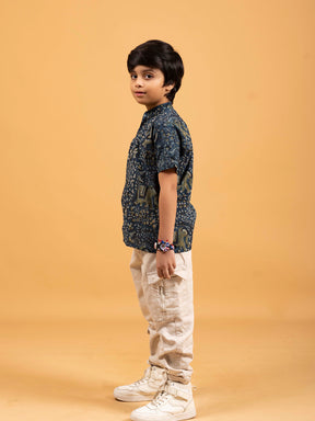 Kids Dark Blue Printed Cotton Shirt