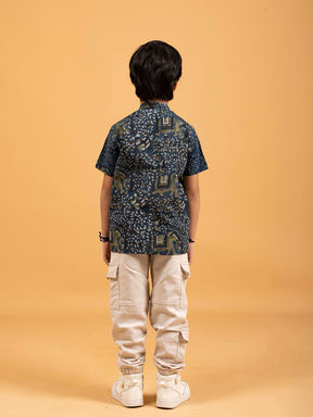 Kids Dark Blue Printed Cotton Shirt