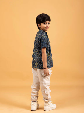 Kids Dark Blue Printed Cotton Shirt