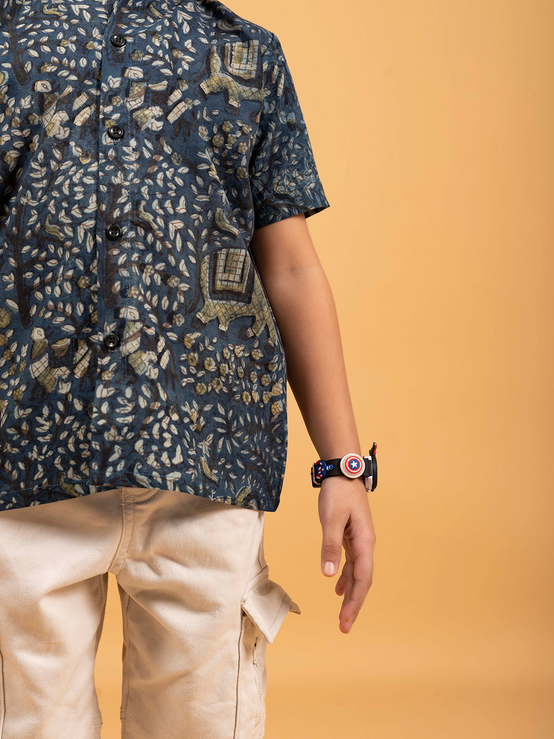 Kids Dark Blue Printed Cotton Shirt