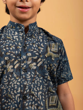 Kids Dark Blue Printed Cotton Shirt