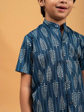 Kids Blue Printed Cotton Shirt