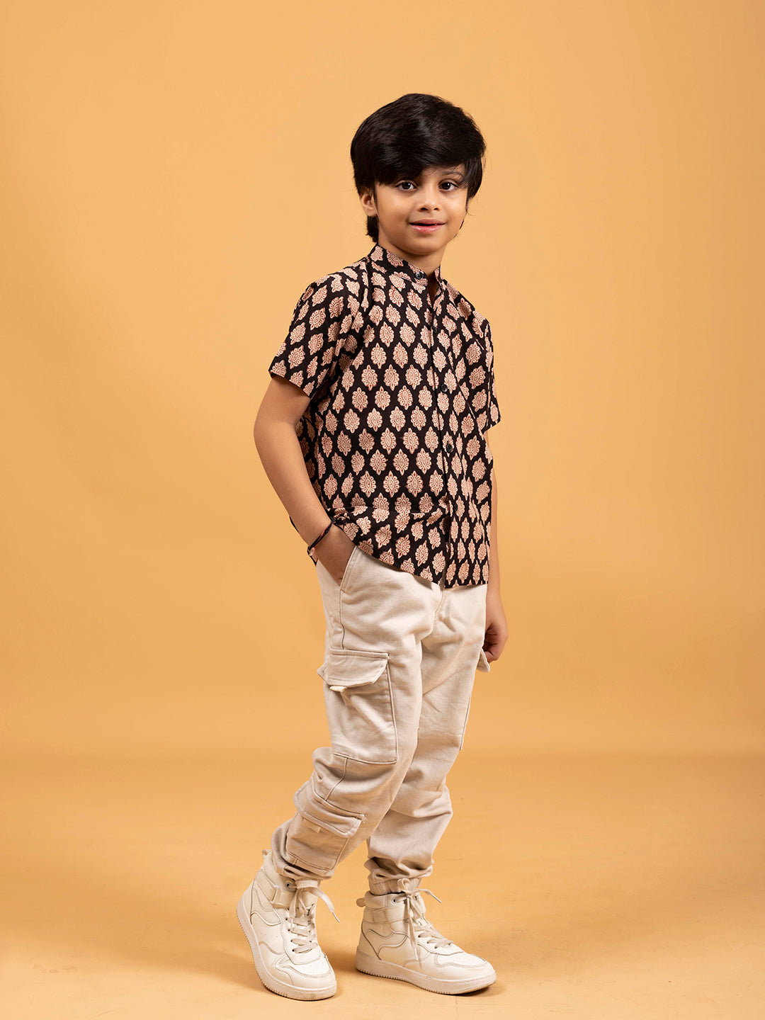 Kids Black Printed Cotton Shirt