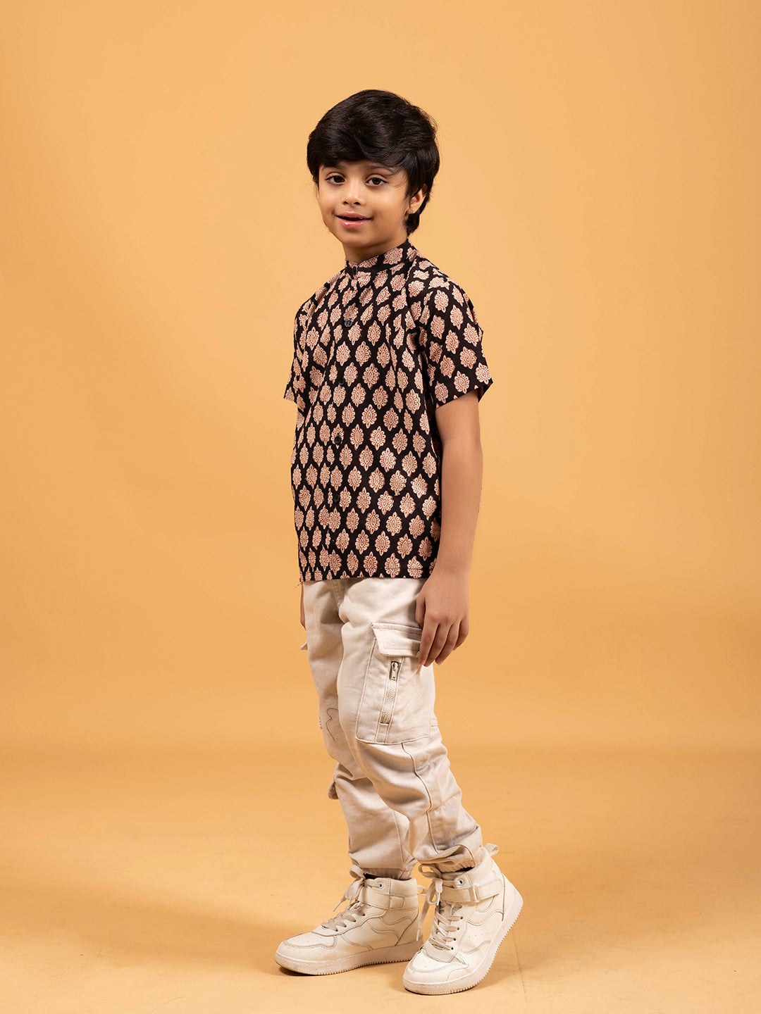 Kids Black Printed Cotton Shirt