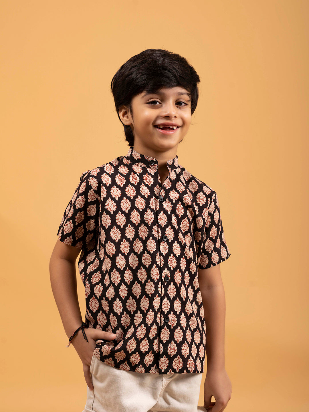 Kids Black Printed Cotton Shirt