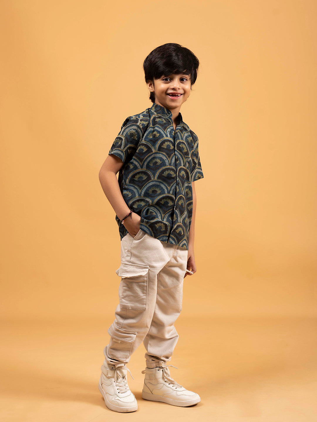 Kids Dark Blue Printed Cotton Shirt